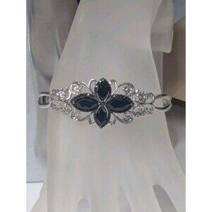 JTV Hinged Cuff Bracelet - Black Spinel, Zircon, Marquise, Sterling Silver, 7.5"